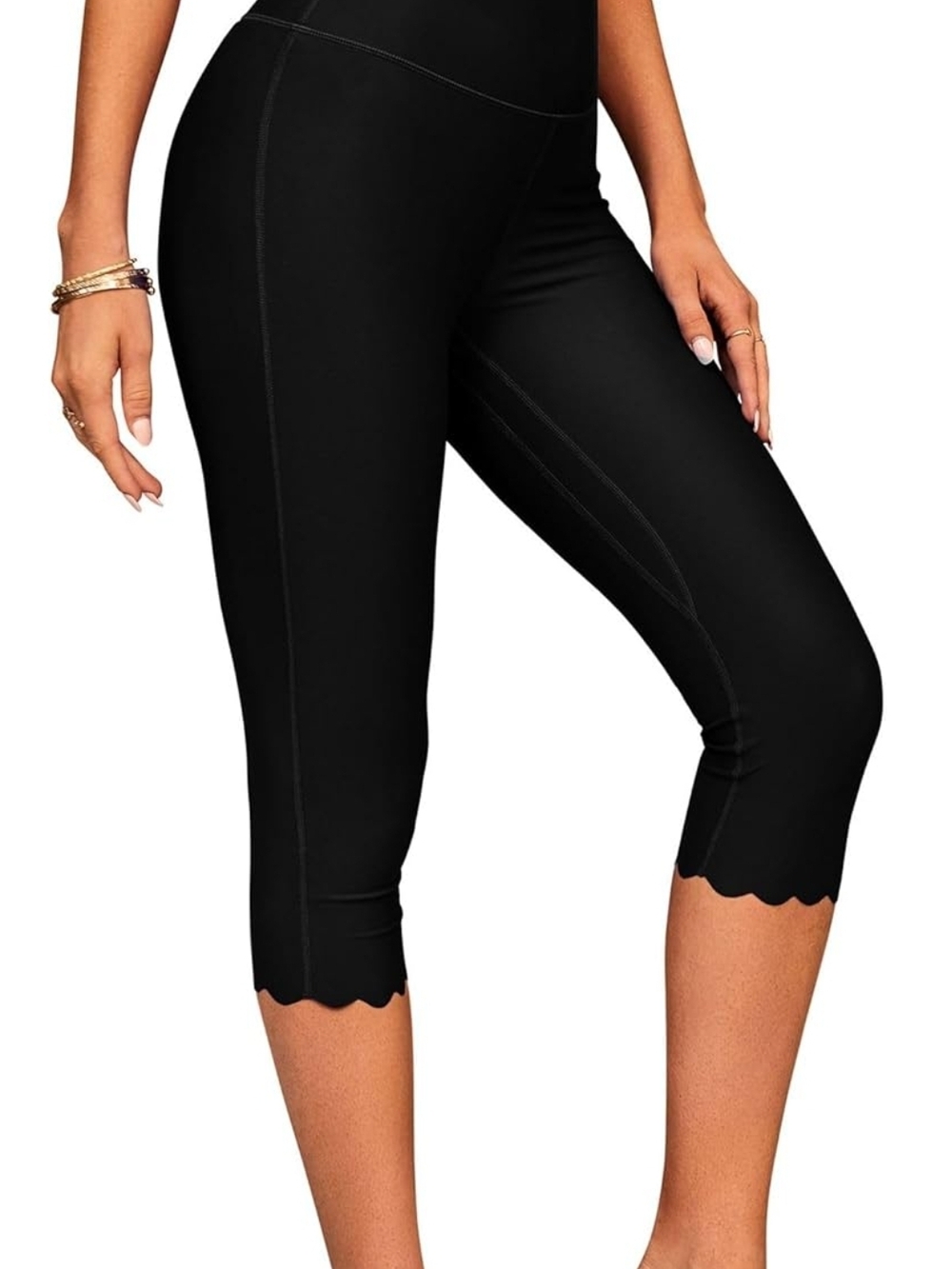 High-Rise Black Capri Leggings with Scalloped Hem